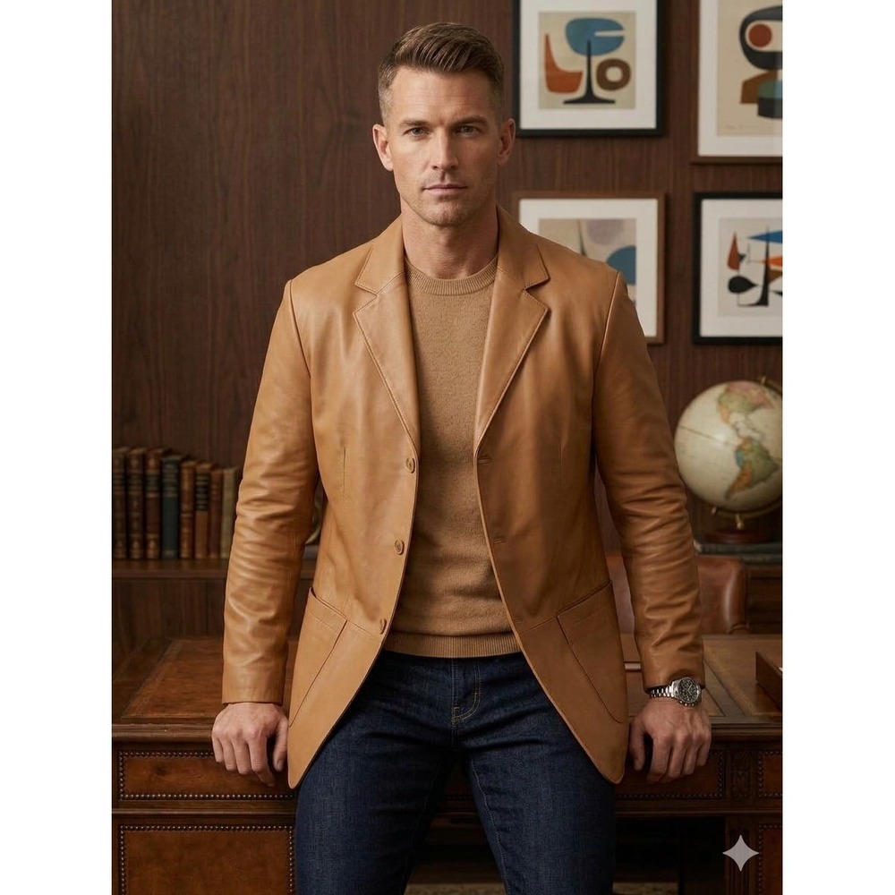 Jos A Bank Mens XL Tan Leather Blazer Jacket 3 Button Sport Coat Dark Academia